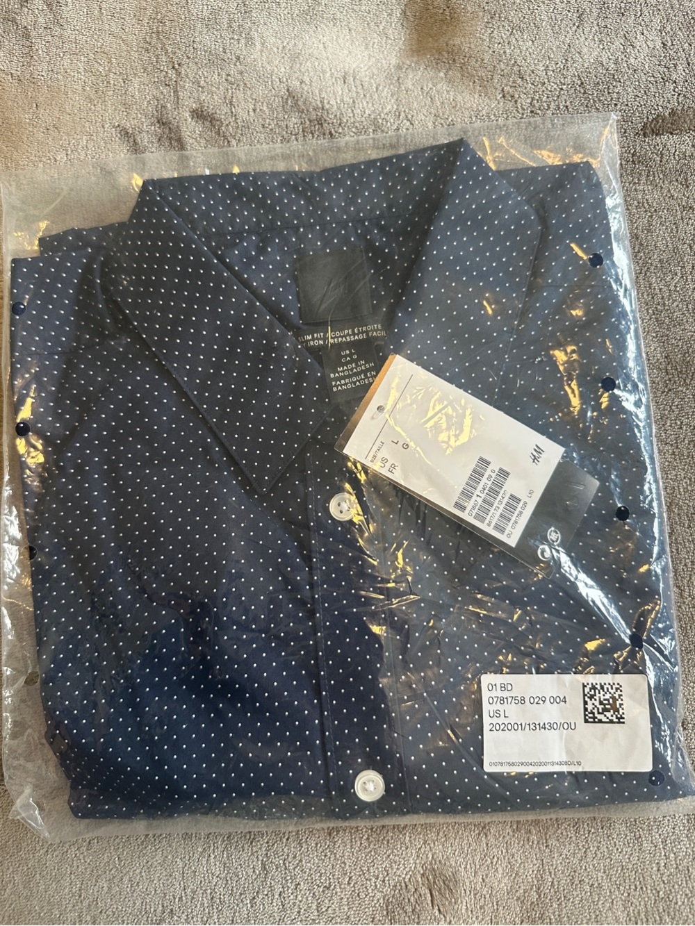 H&M Men's Navy Blue Micro Polka Dot Long Sleeve Button-Up Shirt Slim Fit NWT